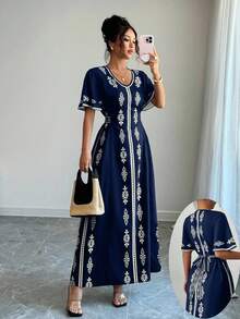 Nuevo vestido de mujer elegante con cuello en V y estampado de moda - Azul marino - Ver 1
