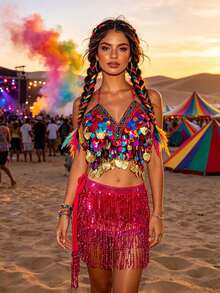 Áo hai dây crop top vỏ sò đính sequin nhiều màu kèm chân váy hông tua rua sequin, phù hợp cho lễ hội Carnival, lễ hội âm nhạc sa mạc và lễ hội EDM (có nhiều màu sắc) - Nhiều màu - Xem 13