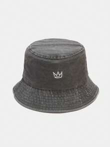 1pc Vintage Washed Bucket Hat, Minimalist Crown Embroidered Sun Hat, Unisex Casual Outdoor Bucket Hat - A - View 4