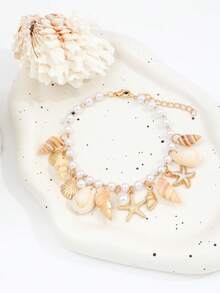 1 buah Gelang Kaki Manik-manik Bintang Laut, Kerang, dan Cangkang Keong Bohemian, Gelang Kaki Mutiara Imitasi untuk Liburan Pantai Musim Panas untuk Wanita - Emas - View 4