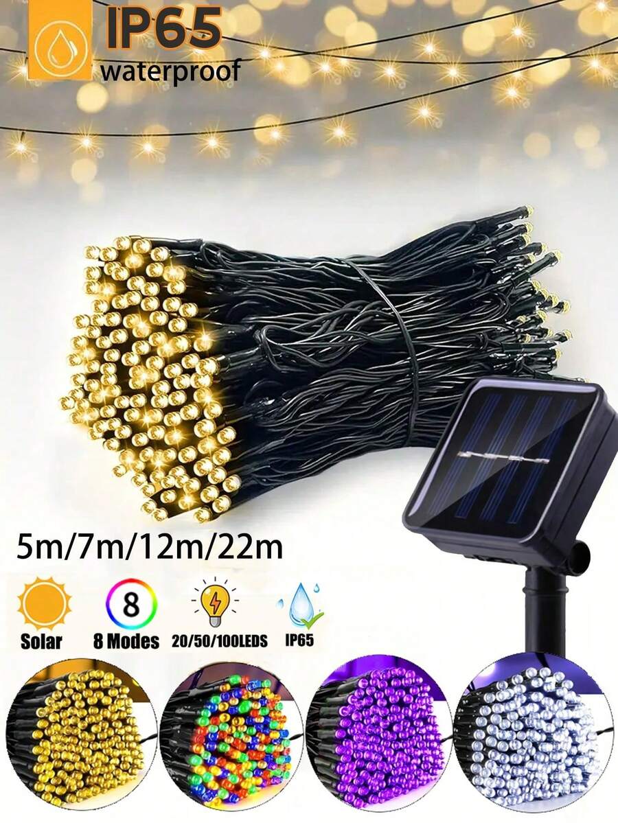 1 String Of 20/50/100/200 LED Solar Powered Lights, Outdoor Green Wire Solar Christmas Lights, 8 Flashing Modes, Suitable For Stage Lighting, Christmas Tree, Garden, Wedding Decor, Outdoor Camping, Halloween Decor, Suitable For Garden, - Solar String Lights - View 1
