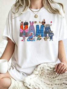 Disney Licensed Women Pure Cotton Summer T-Shirt, Color Block MAMA Letter Zootopia Full Crew Surround Mom Theme Cartoon Graphic Tee - White - View 1