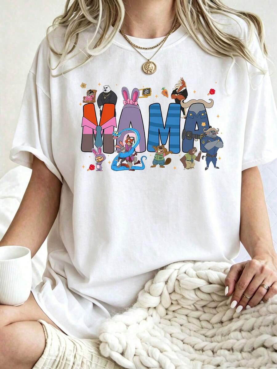 Disney Licensed Women Pure Cotton Summer T-Shirt, Color Block MAMA Letter Zootopia Full Crew Surround Mom Theme Cartoon Graphic Tee - White - View 1
