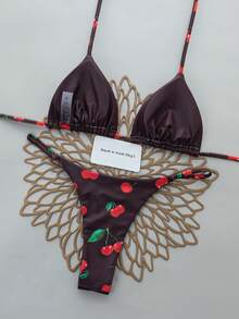 2pcs/Set All-Over Fruit Cherry Print Sexy Back Lace-Up Bikini Swimsuit For Women, Beach, Vacation, Stage And Concert, Summer - Brown - View 2