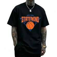 Men's New York State Of Mind Basketball Graphic Tee, Retro Sport Letter Print, 100% Cotton Oversized Short Sleeve, Casual Hip Hop Summer StreetwearTop - 黑色 - 查看 1