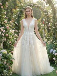 YOUKEFEIER New Elegant Deep V-Neck Lace Wedding Dress With Open Back A-Line Skirt, Slimming And Height-Enhancing Embroidered Long Bridal Gown - Beige - View 5