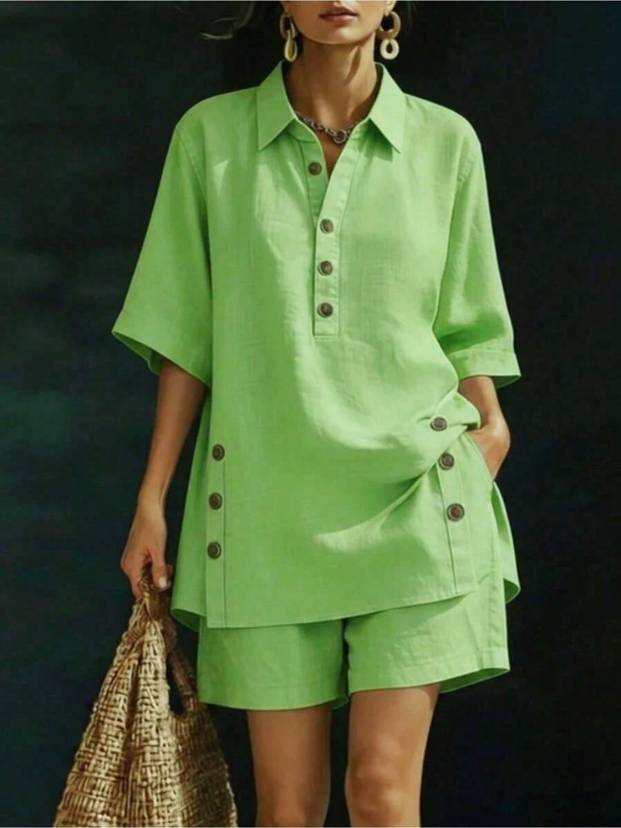 New Women's Two-Piece Set For Spring/Summer 2026, Including Short Sleeved Shirt And Loose Shorts - 綠色 - 查看 1