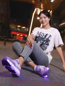 Unisex LED Rechargeable Light-Up Shoes, Children's Roller Skates, Multi-Functional Transformable Roller Shoes, Suitable For All Seasons, With Detachable Wheels, Perfect For Outdoor And Sports Skating - 紫色 - 查看 6