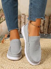 Zapatos deportivos casuales para mujer de lona lavada con bordado floral, zapatos de moda retro de empeine bajo, sin cordones, para ir al trabajo y caminar - Gris - Ver 5