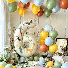 32 Inch Cream 0-9 Number Balloon Set With Jungle Animal Stickers, Large Foil Balloons, Suitable For Children's Adventure Activities, Birthday Party Decorations, Wildlife Theme Party, Wedding, Birthday, Bachelor Party, Bachelorette Party And Other Jungle Animal Theme Parties. - Sticker Version - Milky White - View 7