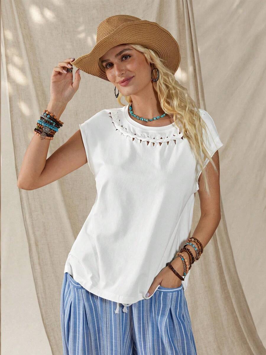Lucid Casual T-Shirt With Round Neck And Batwing Sleeves - 白色的 - 查看 1