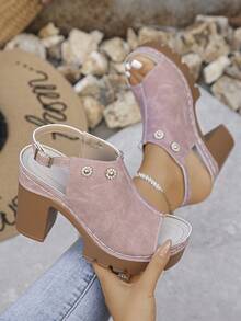 Women's Summer New High Heel Sandals, Plus Size, Rhinestone Flower Decor, Chunky Heel, Backless, Contrast Stitching, Rhinestone Flower & Rivet Embellishments, Adjustable Metal Buckle Back Strap, Vintage American Style, Pink Suede, Thick Platform, Height-Increasing, Slimming, Open Toe, Elegant Women's High Heel Sandals - Pink Frosted - View 3