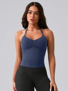 NcmRyu Top deportivo de mujer de una pieza, color liso, cuello halter, tirantes de espagueti ajustables, escote en V, fruncido y espalda descubierta - Azul Marino - Ver 6