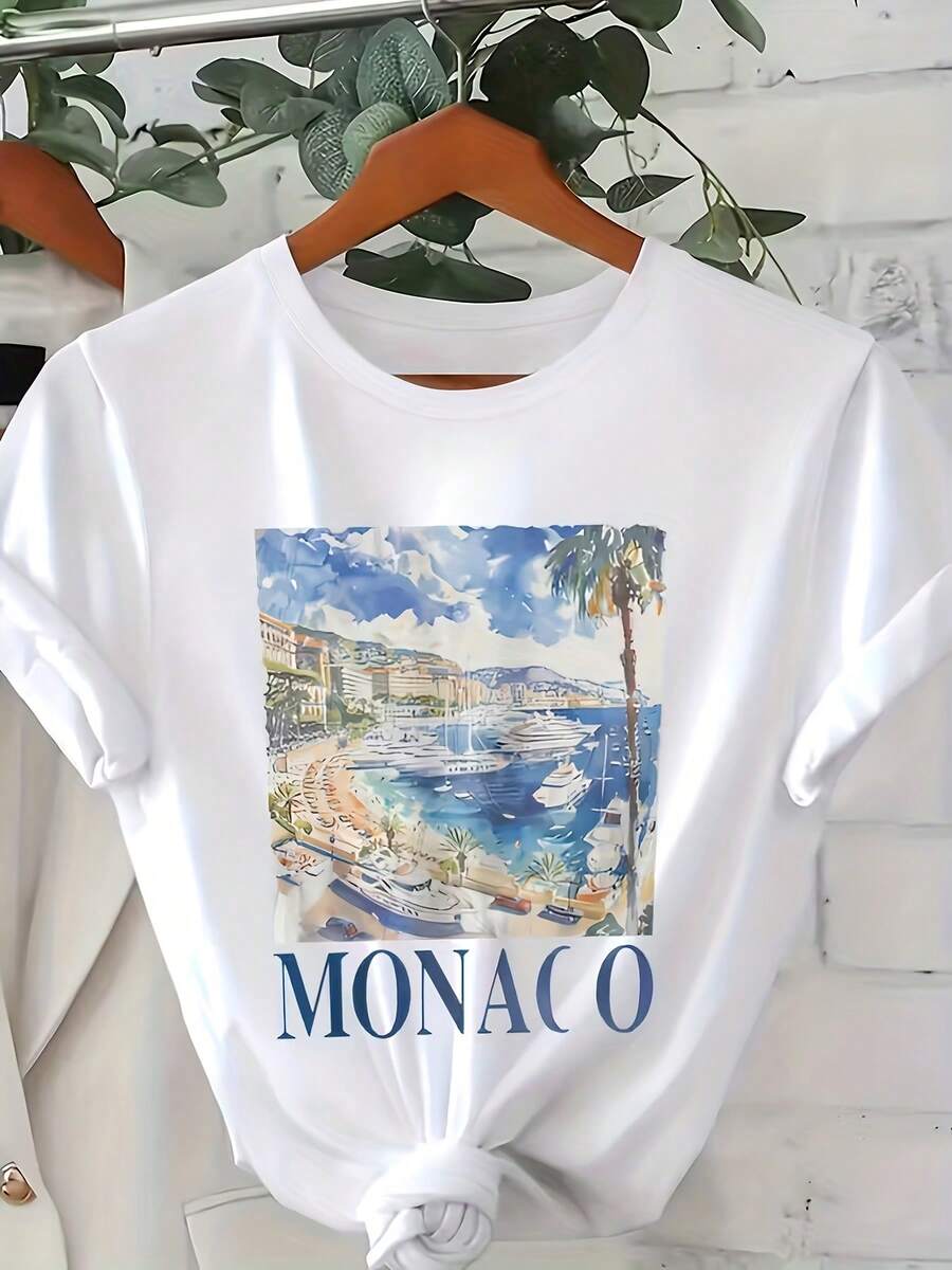 la  de Monte Carlo, letras llamativas de 'MONACO', top de verano con cuello redondo, tejido transpirable lavable a máquina, perfecta para salidas a la playa y uso diario, ropa de playa - [Blanco] - Ver 1