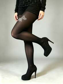 1 Par de Meia-Calça Preta Transparente com Decoração de Strass Schnauzer, Sexy, Única, Brilhante, Padrão de Cachorro, Alta Elasticidade, Uso Diário - Multicolorido - Visão 3
