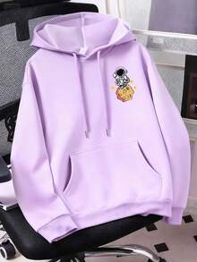 Plus Size Galaxy Star Print Lightweight Hoodie, Casual Long Sleeve Pullover With Pockets, Suitable For Autumn/Winter, Plus Size Women's Clothing, Perfect For Daily Wear, Outings, Parties, School, Music Festivals, Vacations, Commuting. Can Be Given As A Gift To Family, Boyfriend, Girlfriend, Friends, A Must-Have Winter Item For Girls. - Mauve Purple - View 4