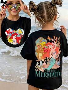 Disney Mermaid Princess Ariel Double-Sided Print Kids' T-Shirt, Cute Cartoon Casual Tee, Perfect For Daily Wear,  Family Outings And Beach Trips - 黑色 - 查看 1