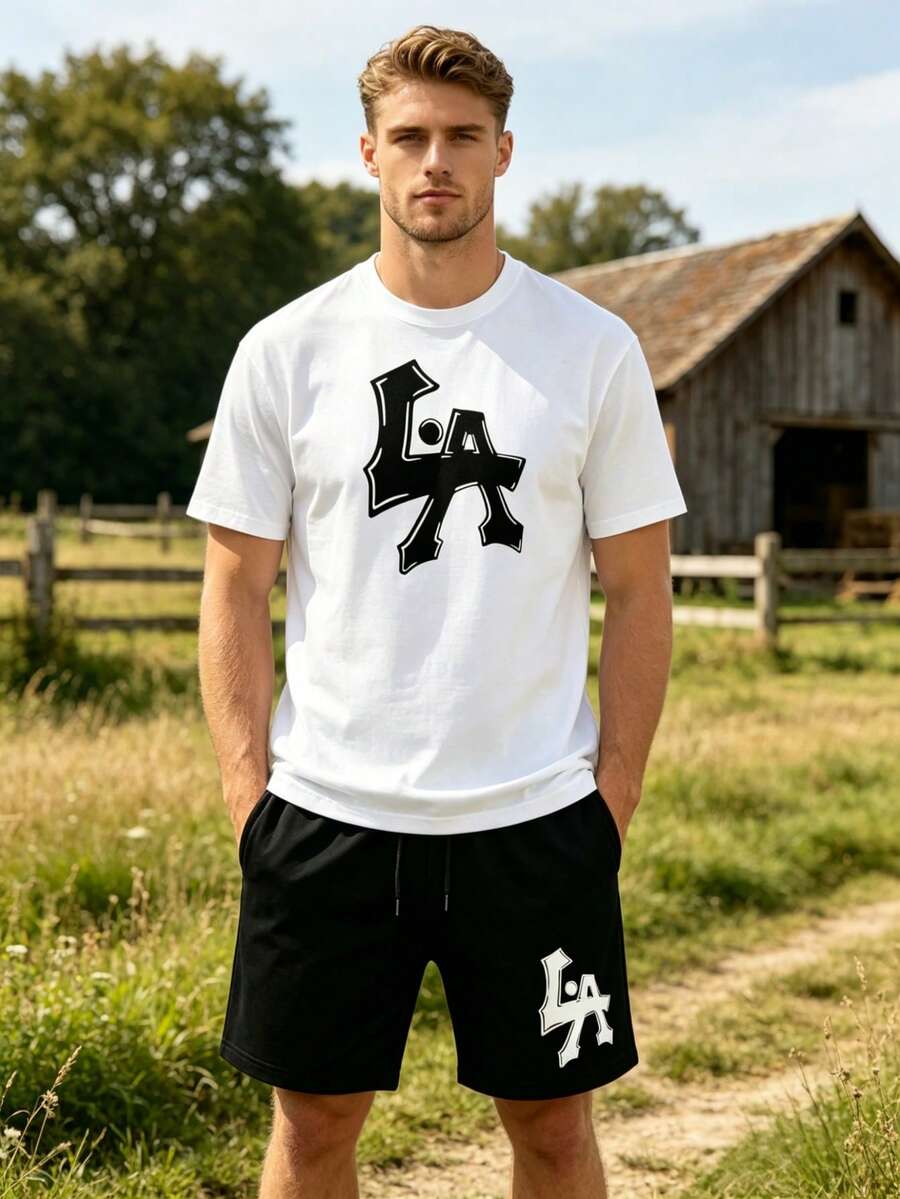 Men'S Summer Short Sleeve T-Shirt And Shorts Set | Comfortable Regular Fit, Round Neck, Casual Geometric Pattern, Slightly Stretchy Fabric - T恤 - 查看 1