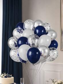 40pcs Party Balloon Set, Navy Blue White Metallic Silver Latex Balloons, 12 Inch Silver Foil Confetti Transparent Balloons, Suitable For Birthday Party, Baby Shower Decoration - Multicolor - View 1
