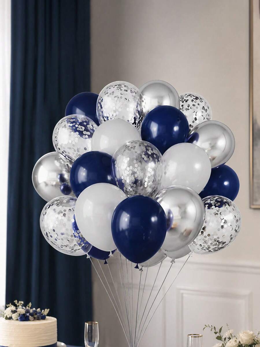 40pcs Party Balloon Set, Navy Blue White Metallic Silver Latex Balloons, 12 Inch Silver Foil Confetti Transparent Balloons, Suitable For Birthday Party, Baby Shower Decoration - Multicolor - View 1