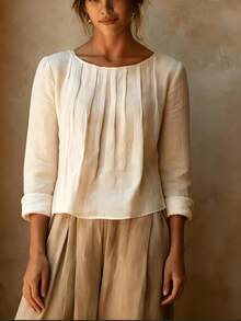 Women's Elegant Pleated Long Sleeve Blouse, Regular Fit Solid Color Top, Suitable For Spring And Autumn Wear, Vintage Style Regular Hem Top - Apricot - View 9