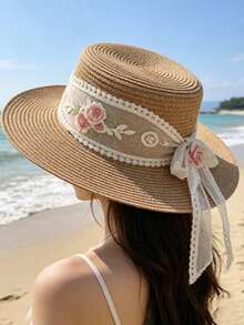 New Flat Top Straw Hat For Women, Embroidered Woven Hat, Summer Sun Protection Hat, UV Protection Sun Hat, Beach Hat - A - View 10