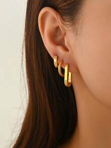 6pcs/Set Women's Stainless Steel Geometric Design Large Hoop Earrings Set, Suitable For Daily Wear - Gold - View 1