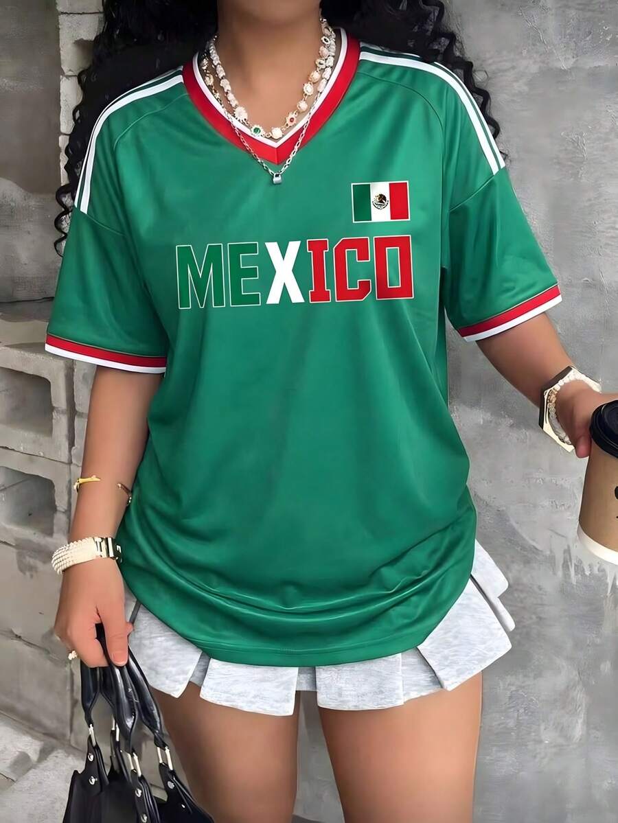 Loose-Fitting Women's T-Shirt, Printed With The Colors Of The National And The Mexican Flag, Ideal For The National Team. Comfortably Soft For Everyday Wear. - 藍色 - 查看 1