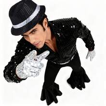 3er Set Pop Rock Superstar Kostüm, inklusive schwarzer Hut, Fake Mikrofon, Pailletten Handschuhe, Pop Rock Stern, Pop Bühnensänger, 80er 90er Party Herren Erwachsenen Halloween Cosplay, Batterien nicht enthalten - Verschiedenfarbig - Übersicht 3
