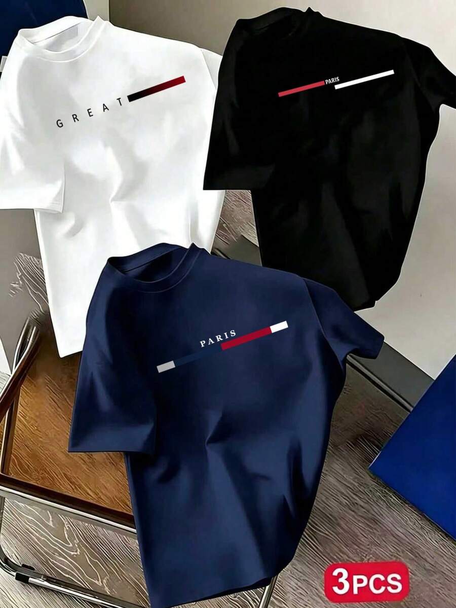 3件組-青少年男孩熱門城市地標印花圓領短袖T恤,適合男孩日常穿著、校園穿搭、街頭風格、時尚男孩夏季上衣、休閒日常、開學季 - 黑色 - 查看 1
