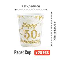 75/25/10件 50週年結婚紀念日派對餐具，金色50週年一次性盤子和紙杯，白色與金色紙餐具套裝派對用品，男女派對禮物 - 彩色 - 查看 6