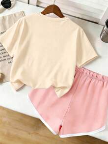 2pcs/Set Tween Girl "When God Created Me, He Smiled And Said This Will Be Fun" Funny Slogan Printed T-Shirt And Elastic Waist Shorts Set - 杏色 - 查看 2