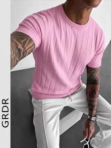 Suéter casual de punto acanalado de cuello redondo de manga corta de unicolor para hombres GRDR - Rosa - Ver 9