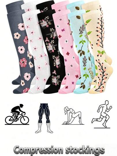 1/3 Pack Unisex Floral Print Knee-High Compression Socks, Comfortable And Breathable, Promotes Blood Circulation, Suitable For Sports/Running/Cycling/Various Occasions