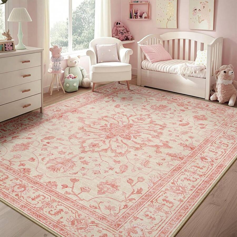 Area Rugs 5'x7' Washable Non-Slip, Floral Vintage Distress Medallion Carpet For Living Room Bedroom Dining Room, Pink Light Vintage Pink - 多色DT3 - 查看 1