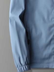 Men's Light Blue Solid Color Stand Collar Zip-Front Casual Jacket, Elastic Cuffs Side Pockets Lightweight Daily Commute Windproof Outerwear - Blue - View 5