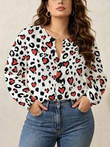 ASHKATIA Leopard Print Heart Pattern Women's Plus-Size Vintage Cardigan Sweater, Fall Winter Knit For Social Occasions - Multicolor - View 6