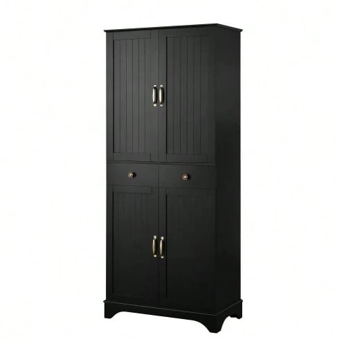 Tall Cabinet With Adjustable Shelves And Drawers, Bookcase With Sliding Shelves And Refrigerator Doors, Ideal For The Dining Room, Living Room And Kitchen (White) - Black - View 1