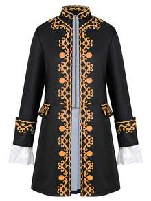 New Vintage Palace Style Jacket, Black Base With Striking Orange Vine Print, Stand Collar Design Showcases Noble Elegant. Cuffs Accented With White Lace Trim, Exquisite Details Highlight Luxury And Elegance. Eye-Catching Costume For Halloween, Masquerade Ball - Black - View 4