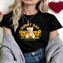 Kawaii Sunny Day Bear Graphic T-Shirt, 100% Cotton Oversized Soft Breathable Casual Crewneck Short Sleeve Top, Summer Vibes Aesthetic Tee For Women & Sunflower Lovers - 黑色 - 查看 11