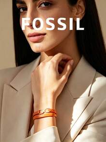 Fossil Gelang Kulit Oranye Gaya Fosil, Desain Lingkaran Ganda dengan Dekorasi Logam Emas, Cocok untuk Pakaian Kasual dan Modis - Jeruk - View 2