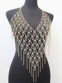 Cadena de Body para mujer con colgante de malla, accesorio de vestido bohemio sexy con cadena de pecho de cristal y flecos brillantes para fiesta de discoteca - Dorado - Ver 4