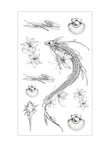 1pc Black And White Line Drawing Fishbone, Beyond Flower Shell And Conch Combined Pattern Temporary Tattoo Sticker, With Realistic Tattoo Design. Suitable For Travel, Music Festivals, Games, Graduation Gifts. Lasts For 3-5 Days. - Black - View 4