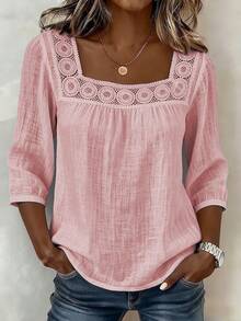 2026 New Summer Solid Color Casual Square Neck Lace Trim Three-Quarter Cotton-Linen Short Sleeve Top For Women - Red - View 11