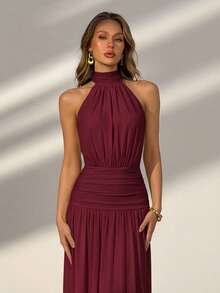 Elegant Yellow Halter Ruched Waist Backless Mesh Maxi Dress, Perfect For Beach Vacation, Going Out Wear, Summer Party, Graduation Wedding - Burgundy - View 5