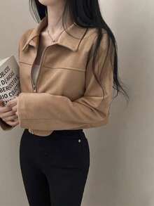 Women's Faux Suede Collar Solid Color Zip-Up Jacket, Casual Wear For School, Airport, Spring/Autumn - Yellow - View 5