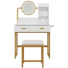 Modern Dressing Table / Fashionable Dressing Table / Rotating Mirror – Incl. Stool & Gold Metal Legs / Plenty Of Storage Space: 2 Drawers + 2 Open Shelves / White, Dimensions: 80*138.5*40 Cm - White+Gold - 查看 6