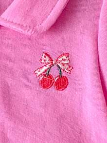 Pink Cherry Blossom Embroidered Baby Girl Polo Dress, Breathable Fabric, 3-Layer Ruffle Skirt, Casual Jumper Dress For Children - Rose Red - View 4