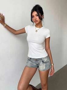 Summer Outfit: White Casual Street Style Simple Slim Fit Women's T-Shirt - White - View 3