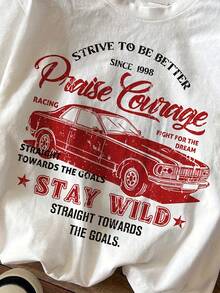 Camiseta de Verano Y2K para Mujer, Estilo Europeo y Americano, Casual, Deportiva, con Estampado de Coche, Cuello Redondo - Blanco - Ver 4